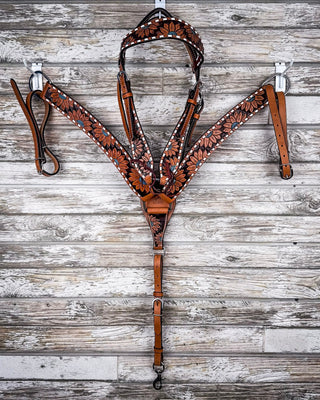 Turquoise Sunflower Tooled Breast Collar and Headstall - Pieces Sold Separate – Horse Tack from Bronco Western Supply Co.