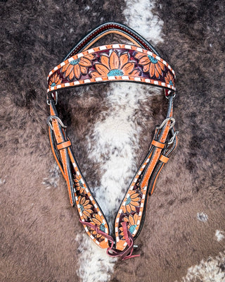 Turquoise Sunflower Tooled Breast Collar and Headstall - Pieces Sold Separate – Horse Tack from Bronco Western Supply Co.