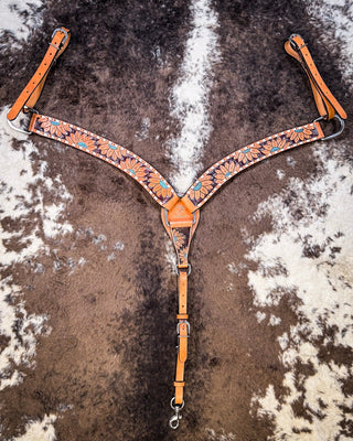 Turquoise Sunflower Tooled Breast Collar and Headstall - Pieces Sold Separate – Horse Tack from Bronco Western Supply Co.