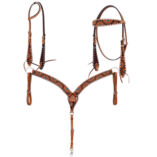 Turquoise Sunflower Tooled Breast Collar and Headstall - Pieces Sold Separate - Horse Tack - Rafter T Ranch Co. - Bronco Western Supply Co.