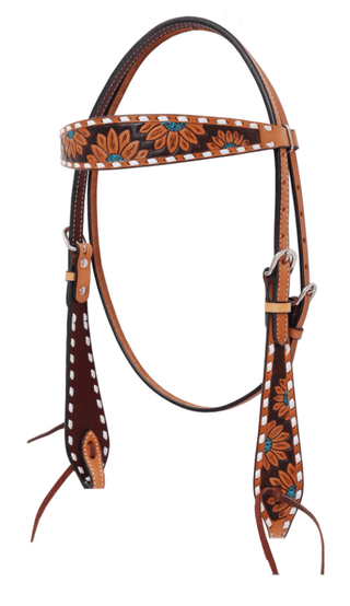 Turquoise Sunflower Tooled Breast Collar and Headstall - Pieces Sold Separate – Horse Tack from Bronco Western Supply Co.