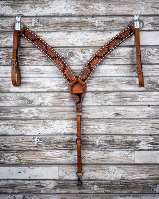 Turquoise Sunflower Tooled Breast Collar and Headstall - Pieces Sold Separate – Horse Tack from Bronco Western Supply Co.