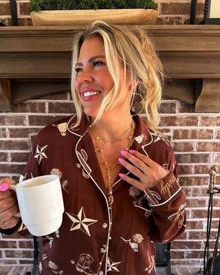 Western Nights Luxe PJ Set in Desert Rose collar, piping, and sleeve embroidery detail