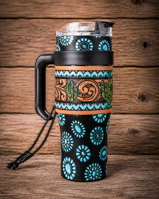 Wide Wyoming Concho Crest Tooled Leather Tumbler by Myra Bag – Gift Items from Bronco Western Supply Co.