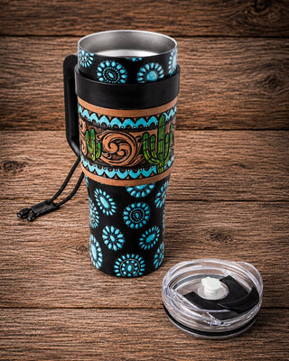 Wide Wyoming Concho Crest Tooled Leather Tumbler by Myra Bag – Gift Items from Bronco Western Supply Co.