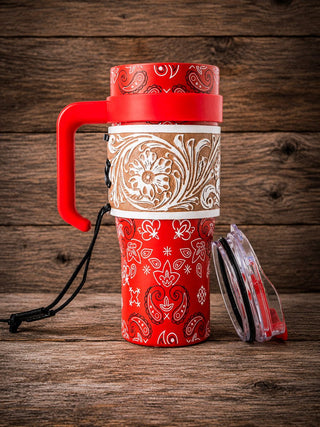 Wide Wyoming Red Bandana Tooled Leather Tumbler by Myra Bag – Gift Items from Bronco Western Supply Co.