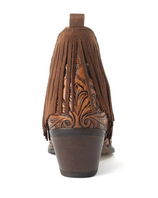 A brown leather fringed ankle boot with hand-tooled western floral detailing, shown from the back on a white background.