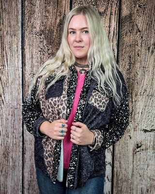 Wild Nights Leopard Sequin Shacket by Sterling Kreek – Apparel from Bronco Western Supply Co.