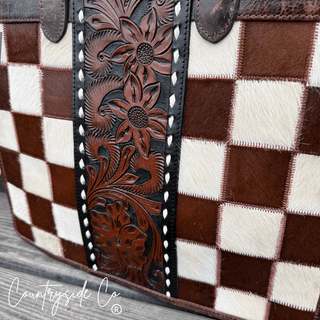 Wynonna Checkered Leather and Hide Tote Bag in Brown by Countryside Co. – Purses & Wallets from Bronco Western Supply Co.