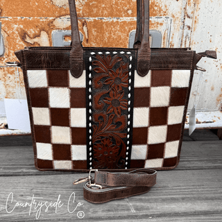 Wynonna Checkered Leather and Hide Tote Bag in Brown by Countryside Co. – Purses & Wallets from Bronco Western Supply Co.