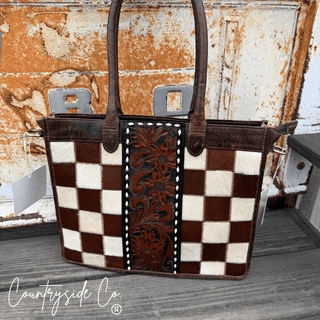 Wynonna Checkered Leather and Hide Tote Bag in Brown by Countryside Co. – Purses & Wallets from Bronco Western Supply Co.