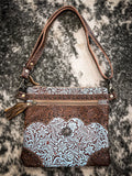 Front view of the Azure Aesthetic Leather & Hairon Bag displayed on cowhide.